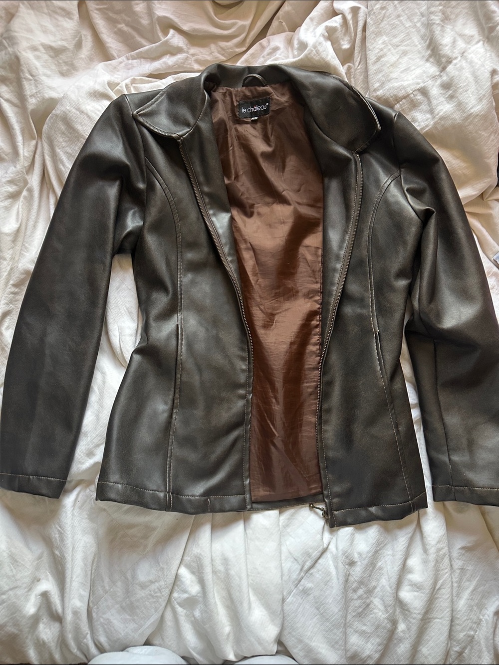 Vintage le chateau Dark Brown Faux Leather Zip Jacket
